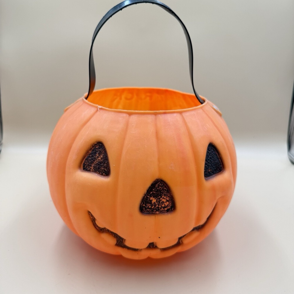 Vintage Renzi 2-Sided Halloween Blow Mold Pumpkin Witch Candy Pail Bucket Retro